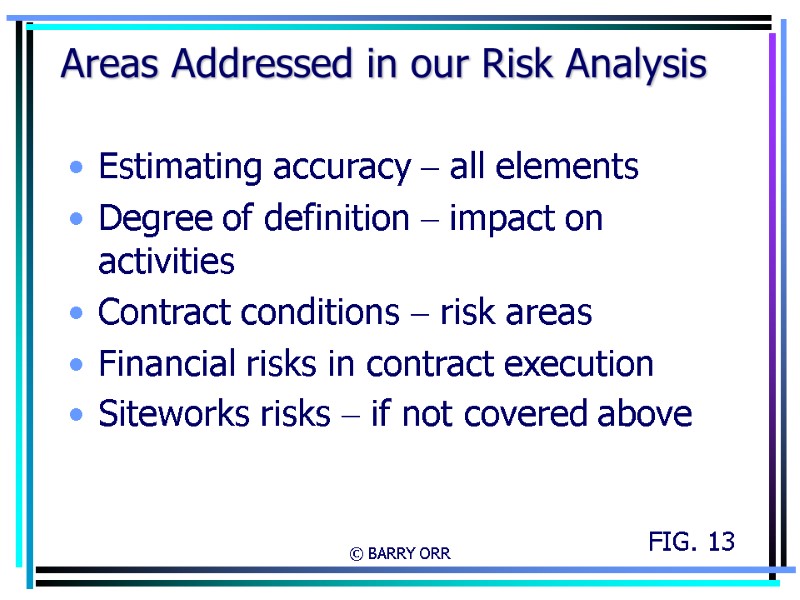 © BARRY ORR Areas Addressed in our Risk Analysis Estimating accuracy – all elements